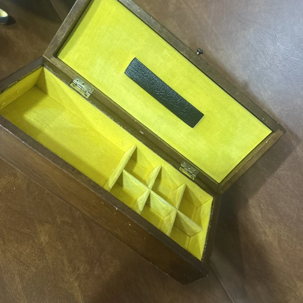 Vintage Wood Wooden Jewelry Box Gold Yellow Velvet Lined 12X5X3
